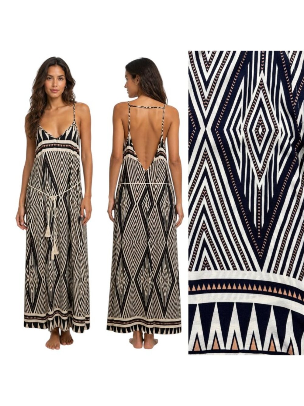 LuLus Boho Chic Geo Print Maxi Dress Beachy Resort Vacation Tassel Tie Sz M NEW